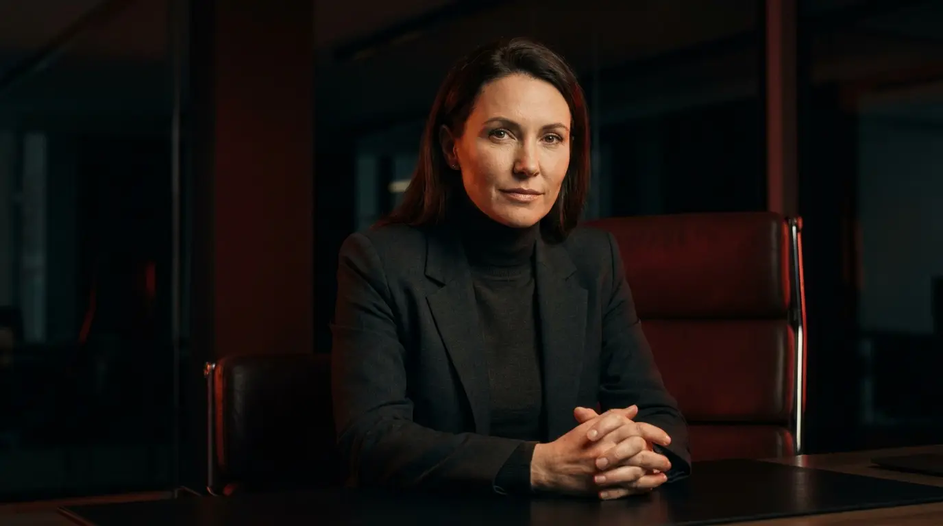 CEO de fintech filmée en portrait dans un bureau sombre